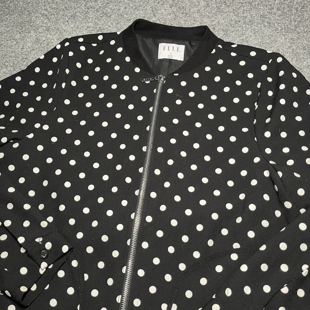 ELLE Bomber Jacket Womens Medium Black Full Zip Pockets Lined White Polka Dot